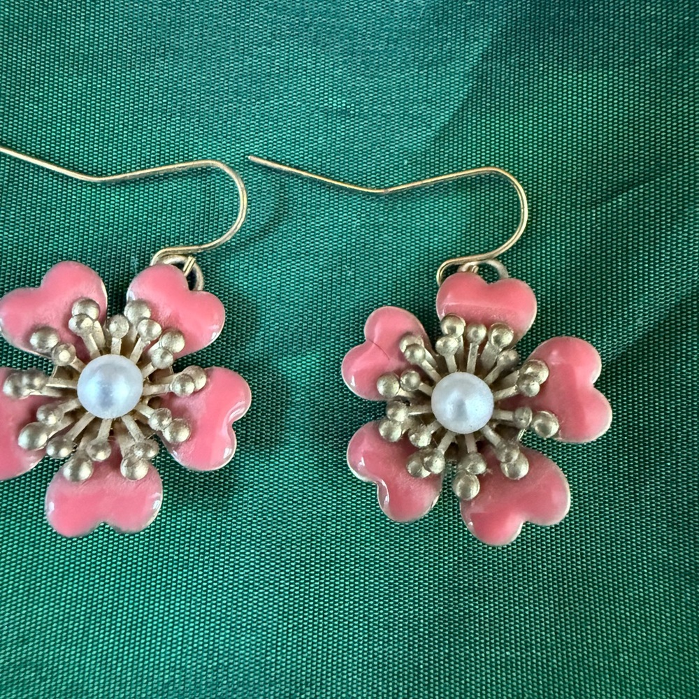 Pink Floral Earrings with Faux Pearl Center